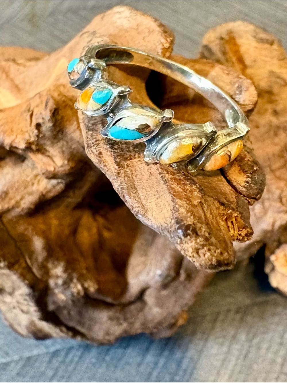 Santa Fe Style Spiny Turquoise 5 Stone Ring in Sterling Silver, 0.65ctw, Size 10